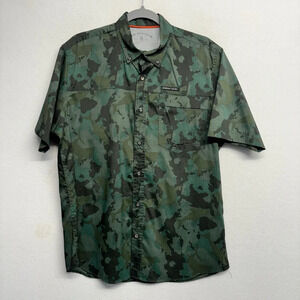 Bass Mens Green Camo Button Down Shirt M Camouflage Collared Short Sleeve